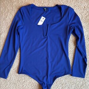 Express Royal Blue Long Sleeve Bodysuit V neck plunge size large